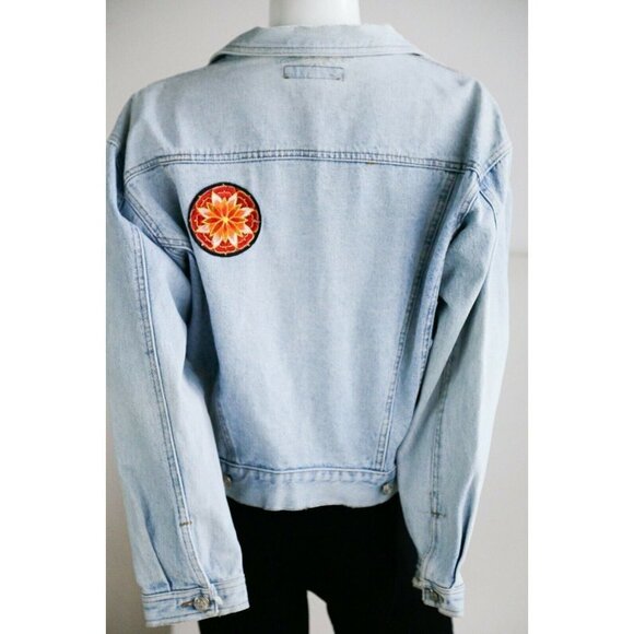 Vintage Oakoa Blue Patchwork Colourful  Light Wash Denim Cropped Jacket - Picture 7 of 8